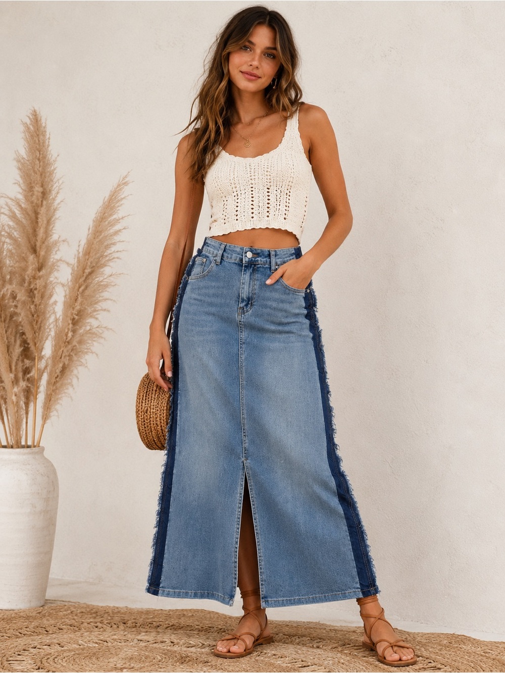 Davi & Dani Denim Maxi Skirt Raw Hem Colorblock Panel 3XL NWT